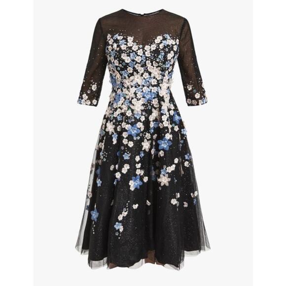 Mac Duggal Floral Applique Midi Cocktail Dress Black Multi Size 10 NWT